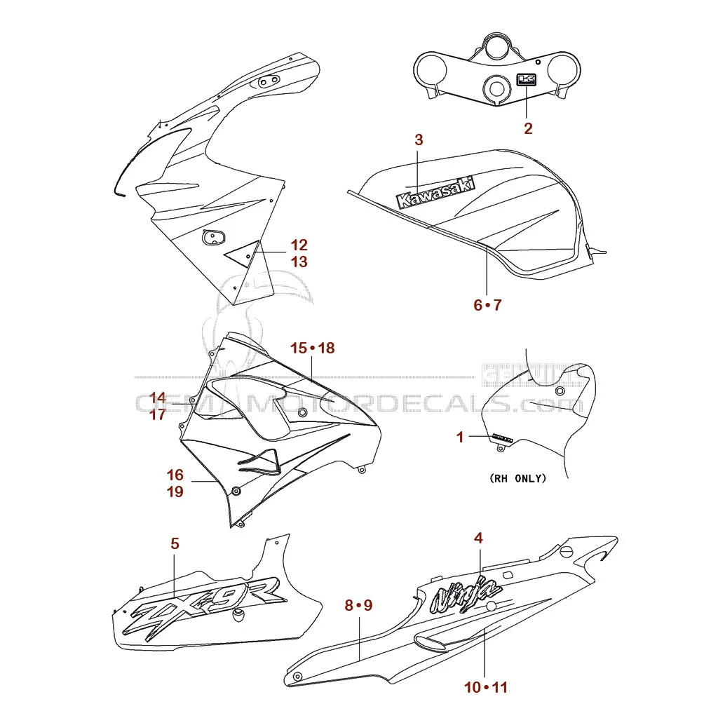 OEM Decals Kawasaki ZX9R 2001 - Red • Original Stickers