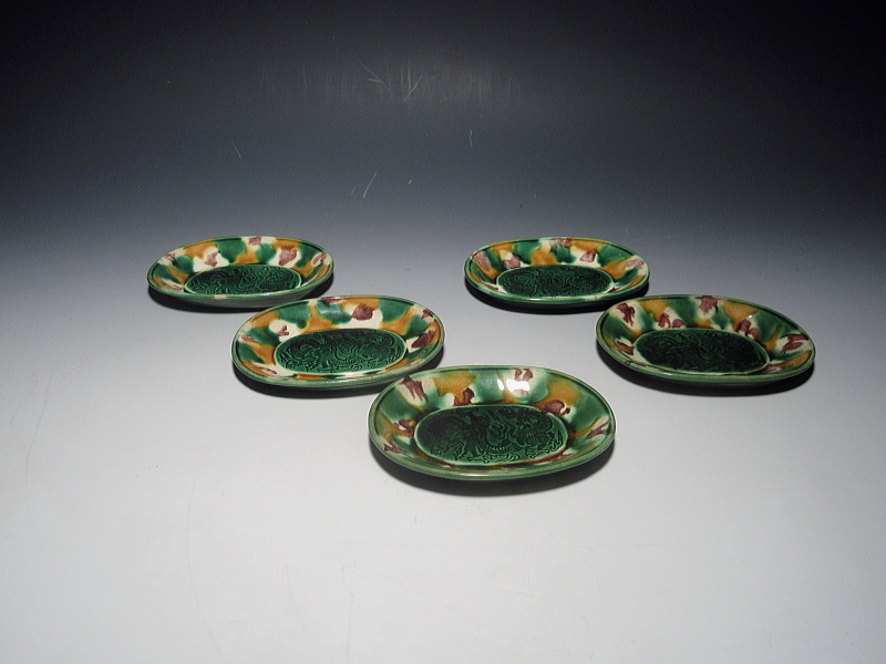 珉平焼 三彩龍文 小判形 小皿 5枚組【江戸後期】 ｜ 古陶磁 大林師友堂