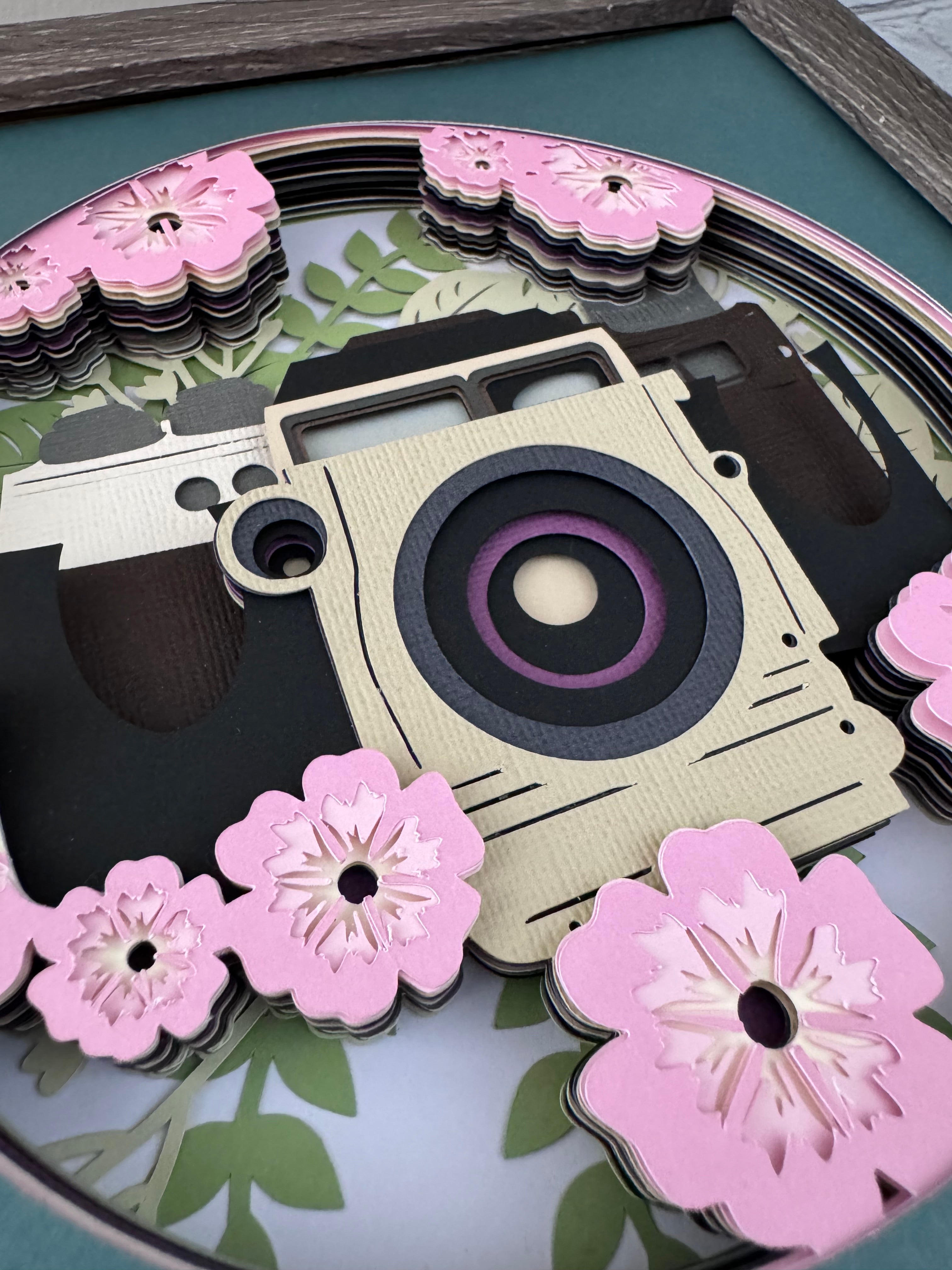Camera with flowers design 3D paper art in a shadowbox – Olivia