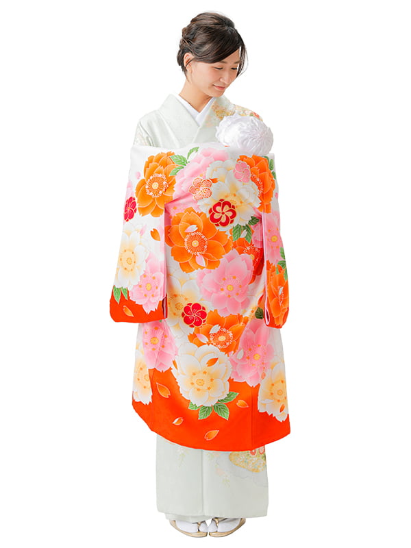 UG-Y02 / 橙地に大きな八重桜のお宮参り産着（祝い着・掛け着） 女の子