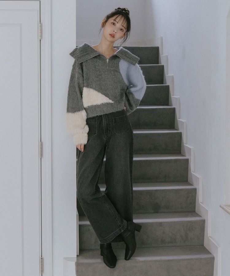 ハーフZIPインターシャニットプルオーバー(M GRAY): トップス