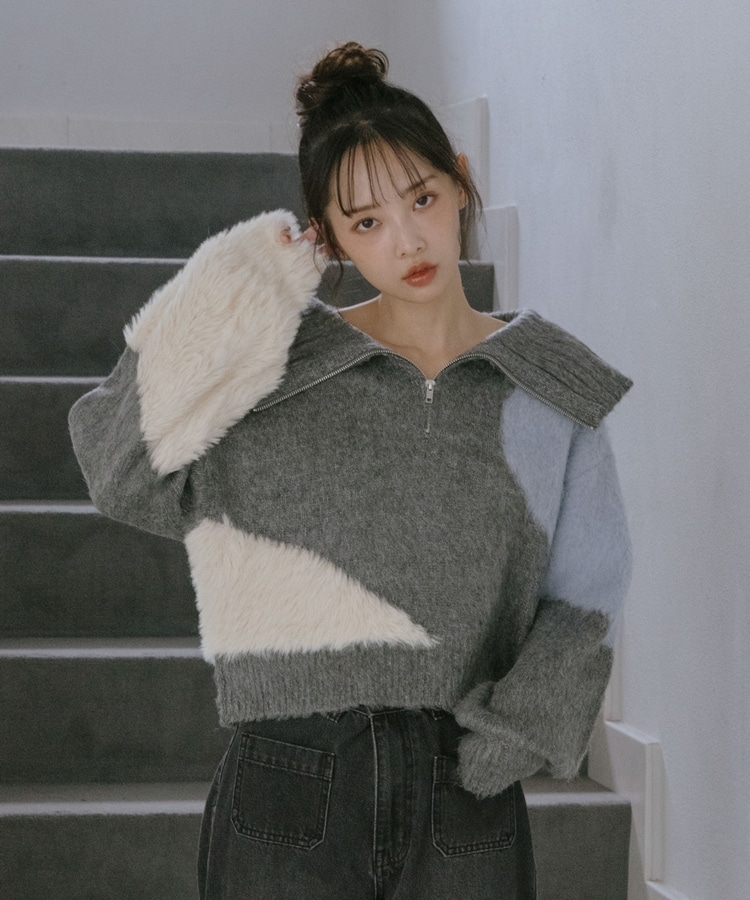 ハーフZIPインターシャニットプルオーバー(M GRAY): トップス