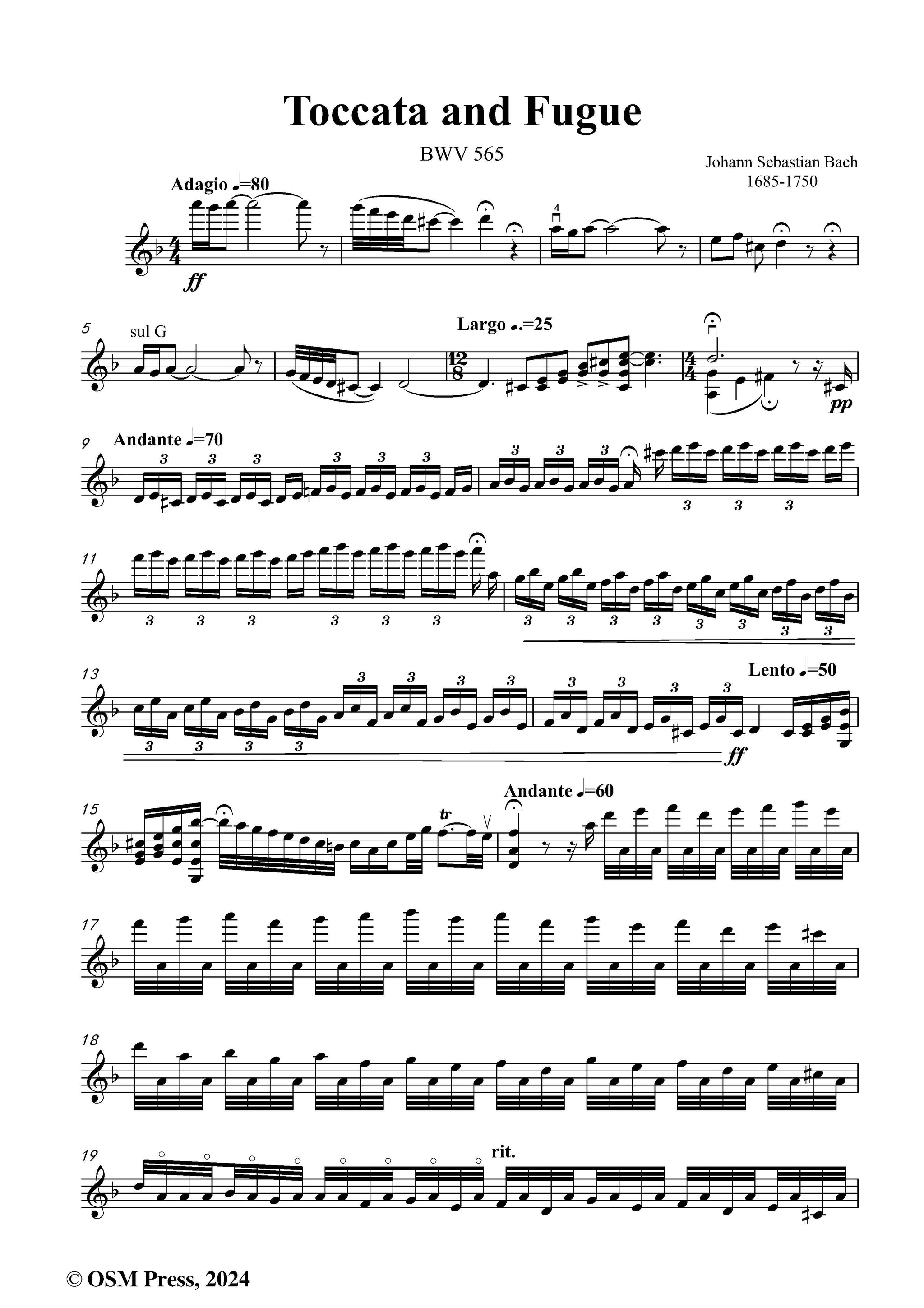 J. S. Bach Toccata and Fugue,BWV 565,for Violin – Open Sheet Music
