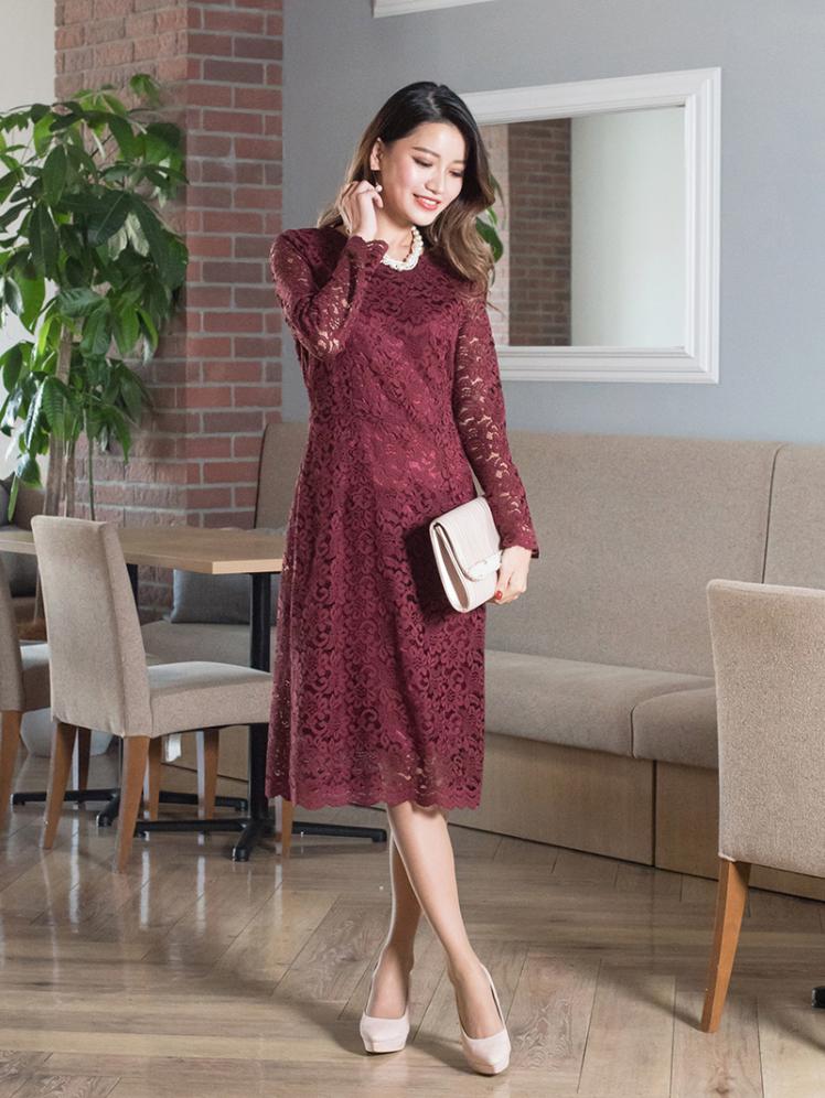 ロングスリーブレースドレス(ワインレッド)K1-279WR-M | パーティ