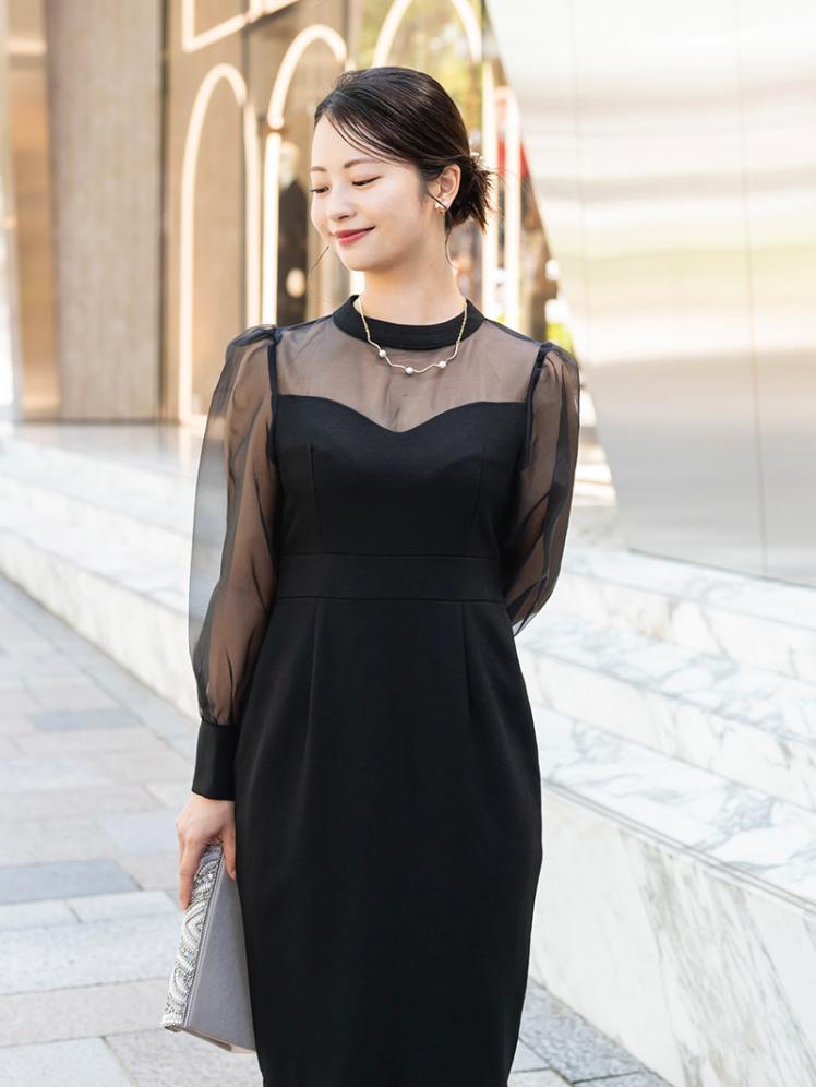 シアースリーブマーメイドドレス(ブラック)K1-443BL-M | パーティ