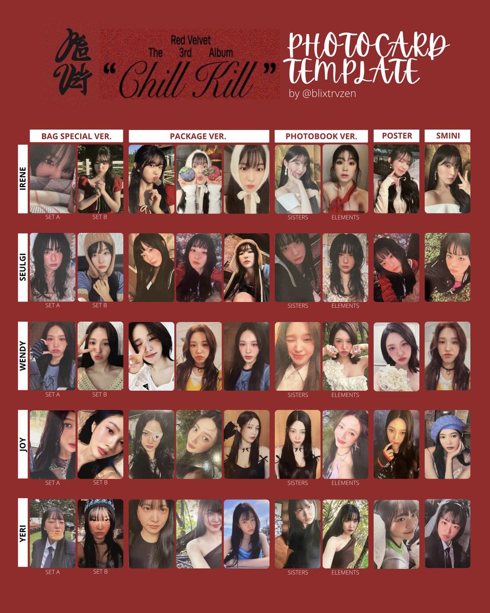 Complete Red Velvet 3rd Album 'Chill Kill' Photocard PC Template