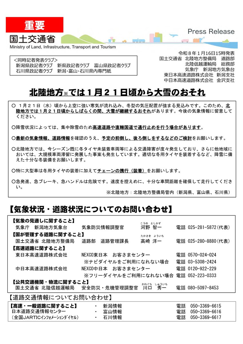 ⚠️新潟県内 来週の大雪に注意！⚠️】 新潟県内では、来週20日（火