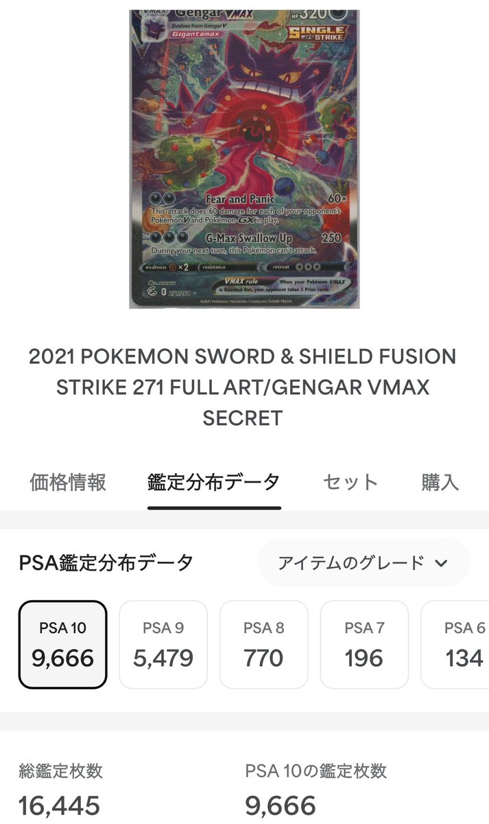 英語版 ゲンガーVMAX SAは鑑定枚数15,000枚、PSA10 9,600枚もあるのに