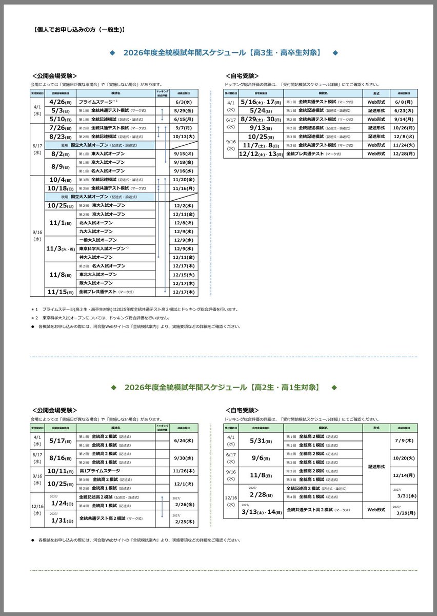 河合塾と駿台予備学校の2026年度の模試日程がついに公開❗️🤡 来年も