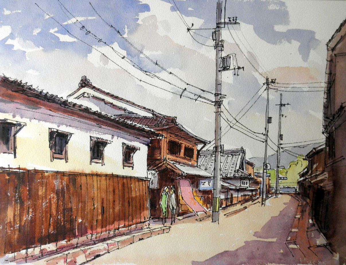 坂越大道の町並み : tedkimotoの水彩画