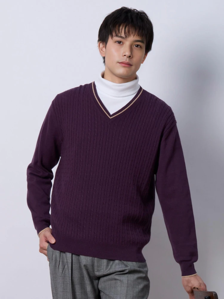 D．パープル ケーブル編み Vネックプルオーバーニット ホワイト
