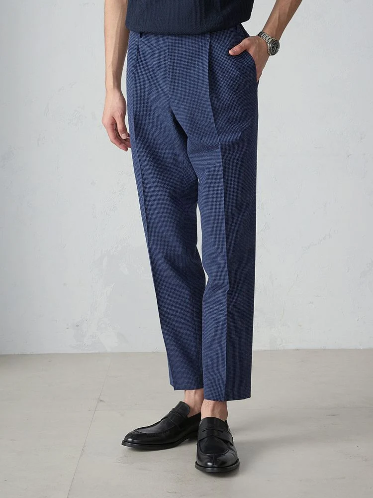 ベージュ ウール×シアサッカー ギンガムチェック柄 セットアップパンツ