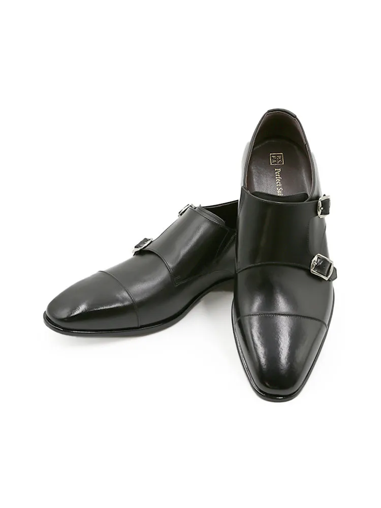 ブラック 国産ダブルモンクストレートチップシューズ ブラック