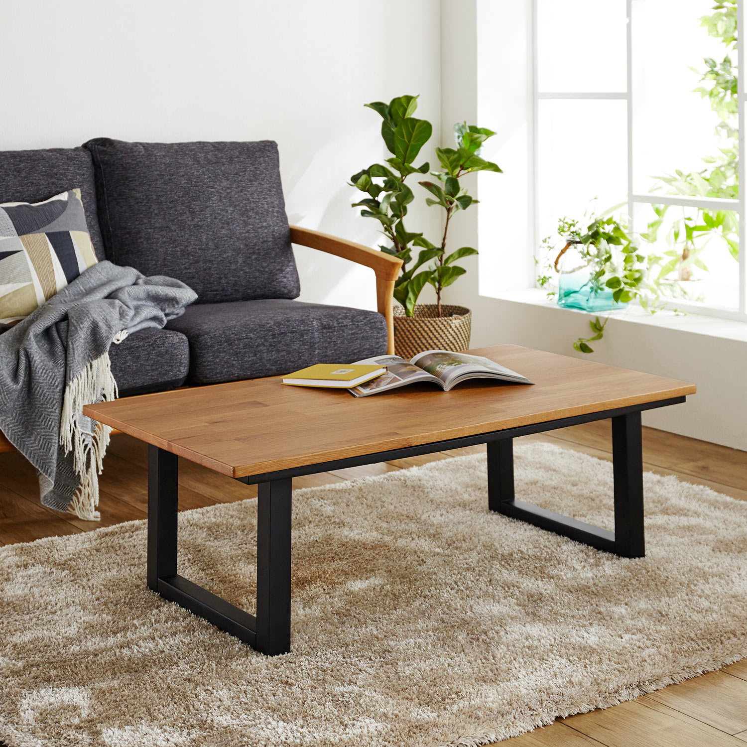 オーク材のスチール脚風ヴィンテージ調こたつテーブル｜通販の