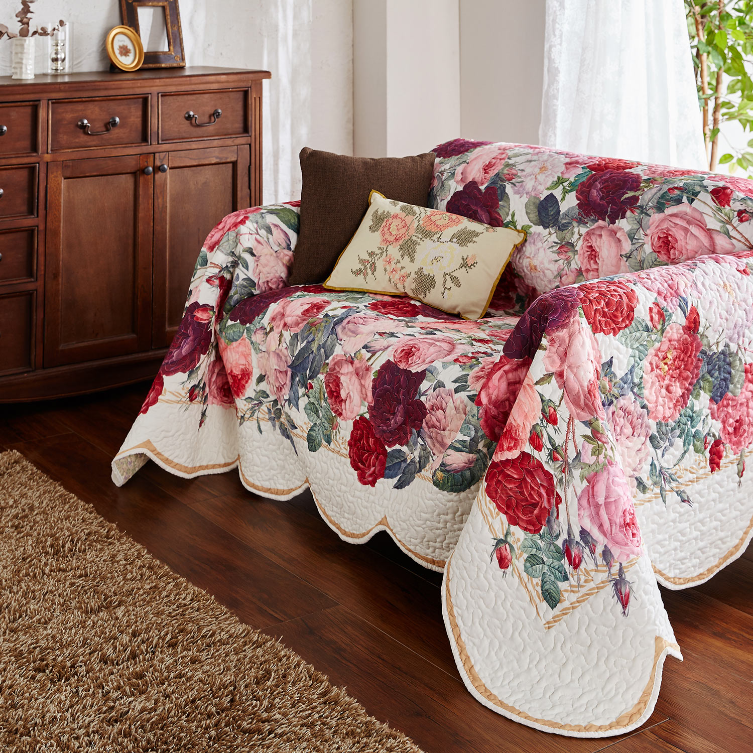 画家ルドゥーテのデザインのバラ柄マルチカバー・ソファーカバーB