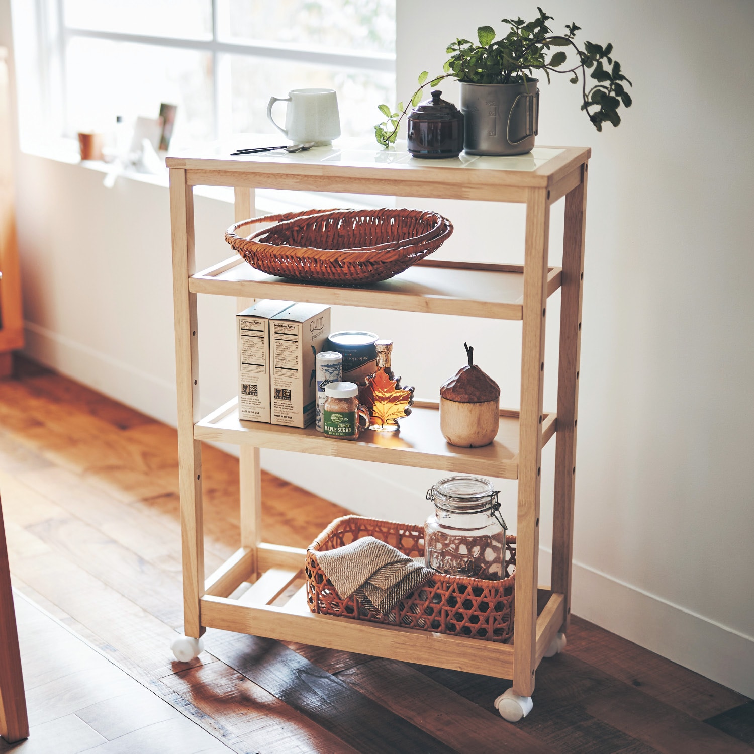 タイル天板のすっきりデザインキッチンワゴン（キッチンワゴン/収納