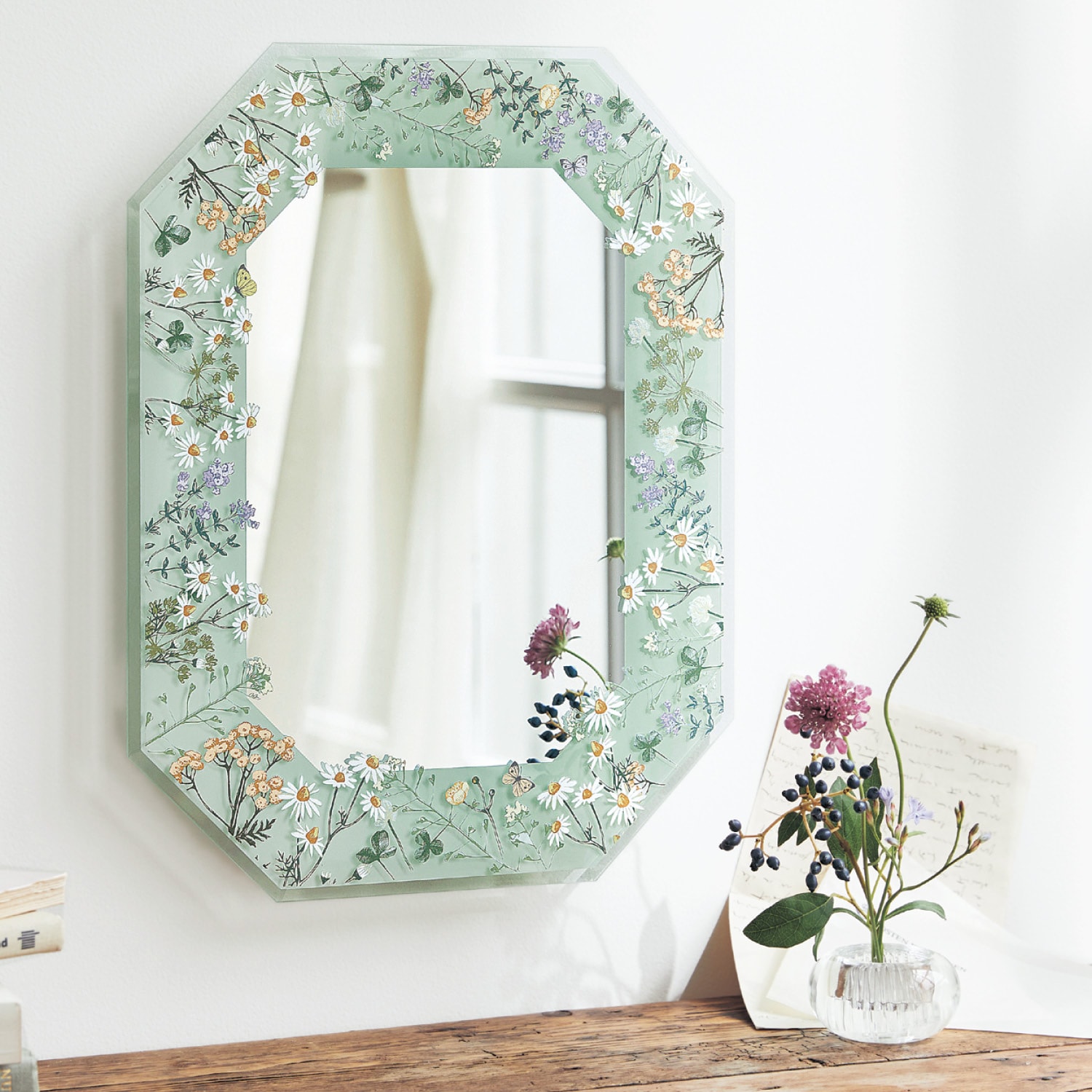 フラワー柄の壁掛け八角鏡（手鏡/卓上ミラー）｜通販のベルメゾンネット