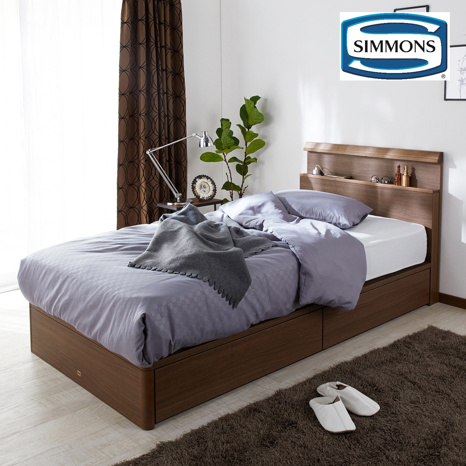 LED照明・コンセント付き引出し収納付きベッド（シェルフスリム