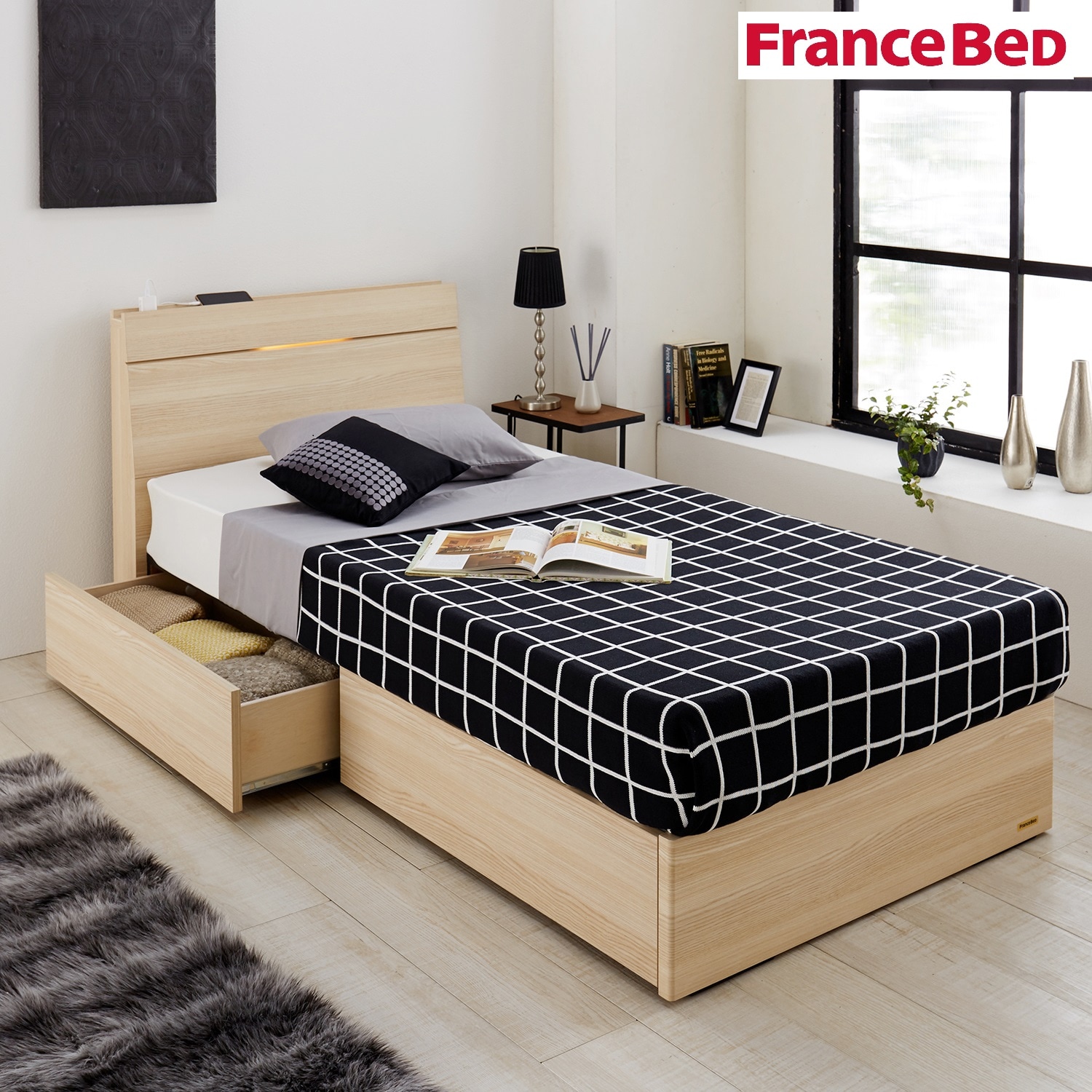 LED間接照明・コンセント付き引出し収納シンプルモダンベッド