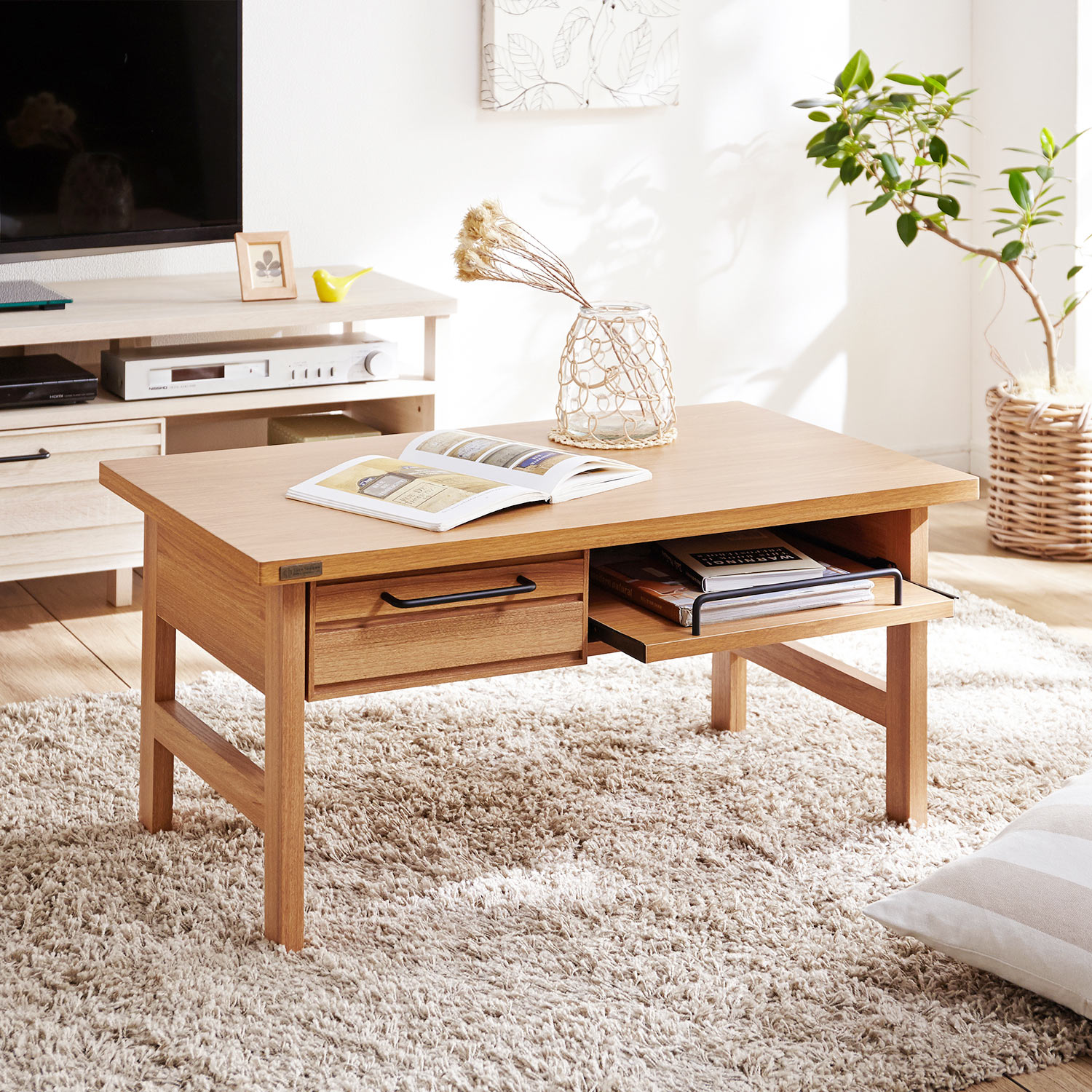 引き出し＆スライド棚付きリビングローテーブル（ローテーブル