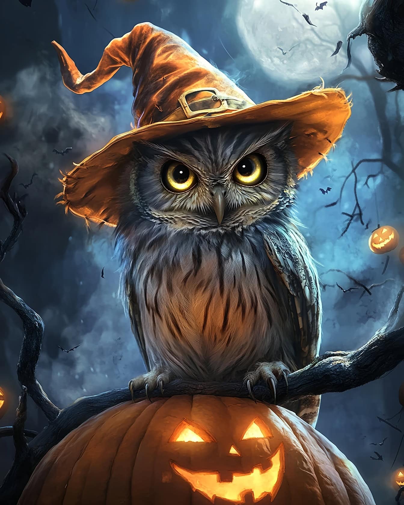 フリー写真画像: ハロウィンの夜に魔女の帽子をかぶってカボチャの上に