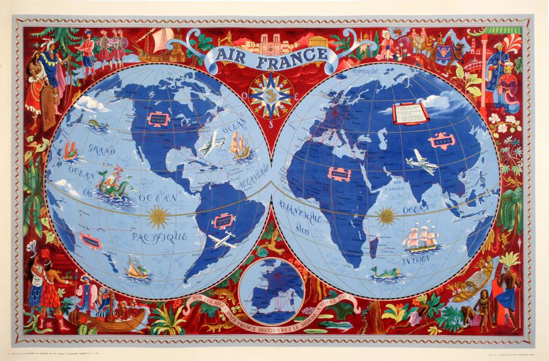 Air France Map - Burgundy Small by Lucien Boucher