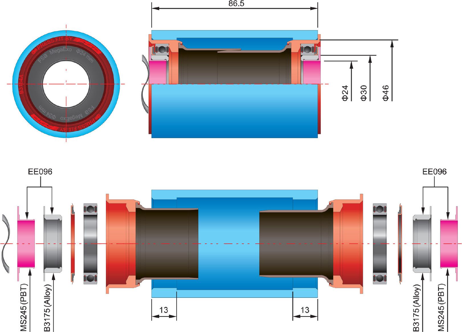 FSA MegaExo Carbon Crank Adaptator 24mm Spindle to BB386 Frame