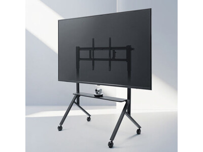 86インチまで対応、手動昇降で最適な高さに調整できるキャスター付き