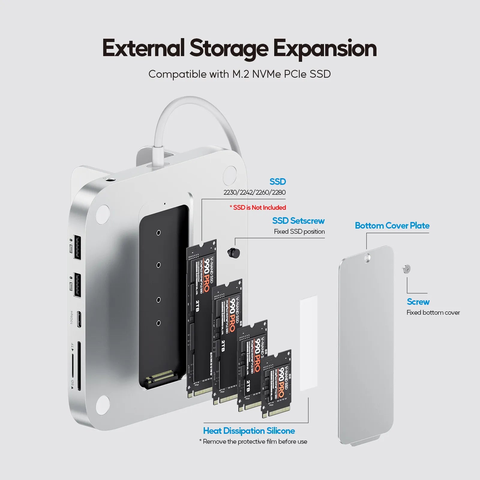 PULWTOP Mac Mini M4 Vertical USB C Hub& Stand（8-in-1, M.2 SSD