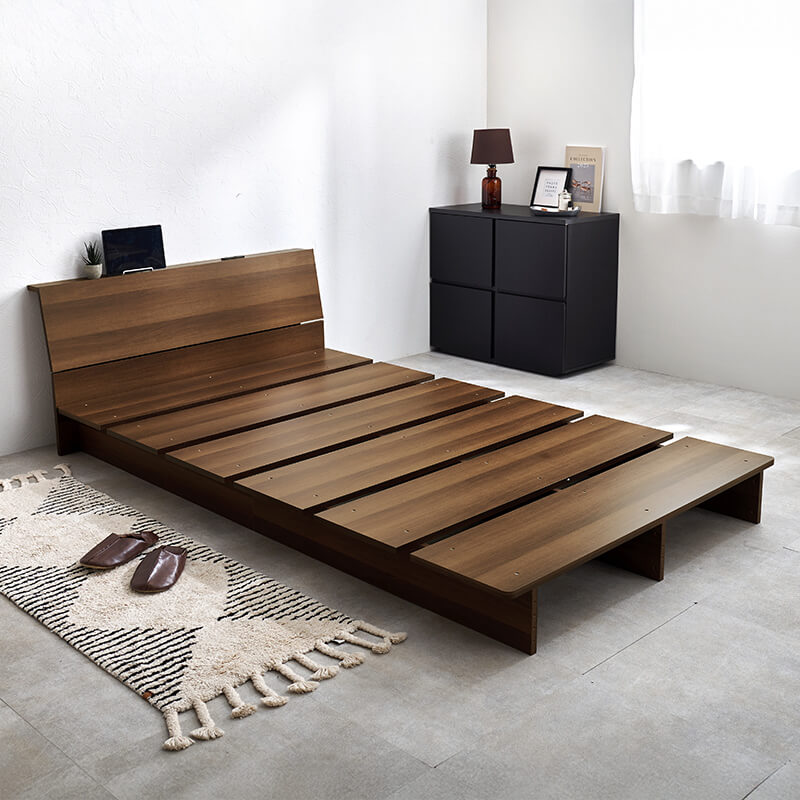 木目調ステージベッド 宮棚コンセント付き（フレーム単品orマットレス