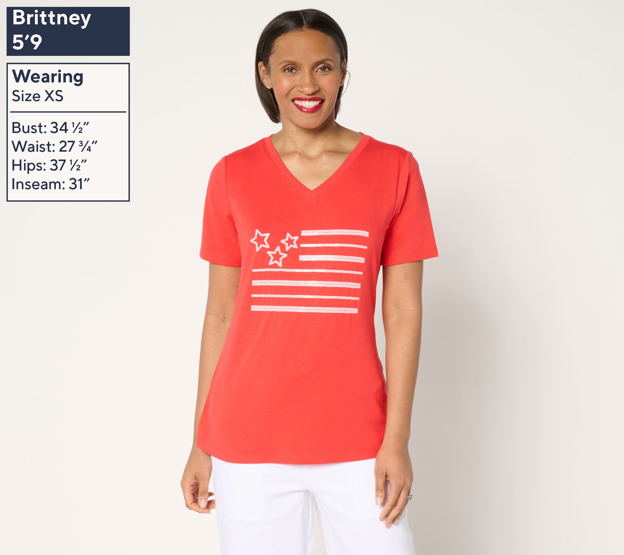 Denim & Co. Americana Favorite Jersey Sequin Flag V-Neck Top - QVC.com