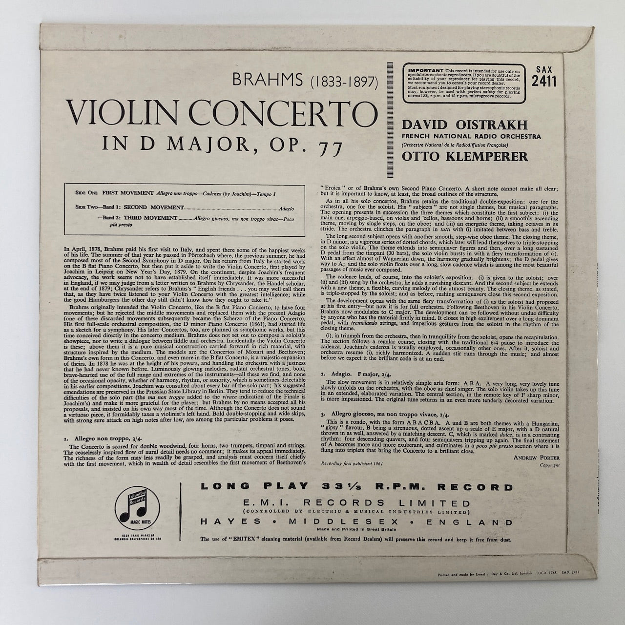 LP/ オイストラフ、クレンペラー / ブラームス：ヴァイオリン協奏曲