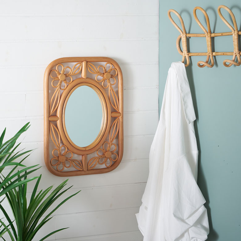 ミラー 鏡 ラタン 籐 取り付け用フック付き 約 W 32.5cm D 2cm H 42cm