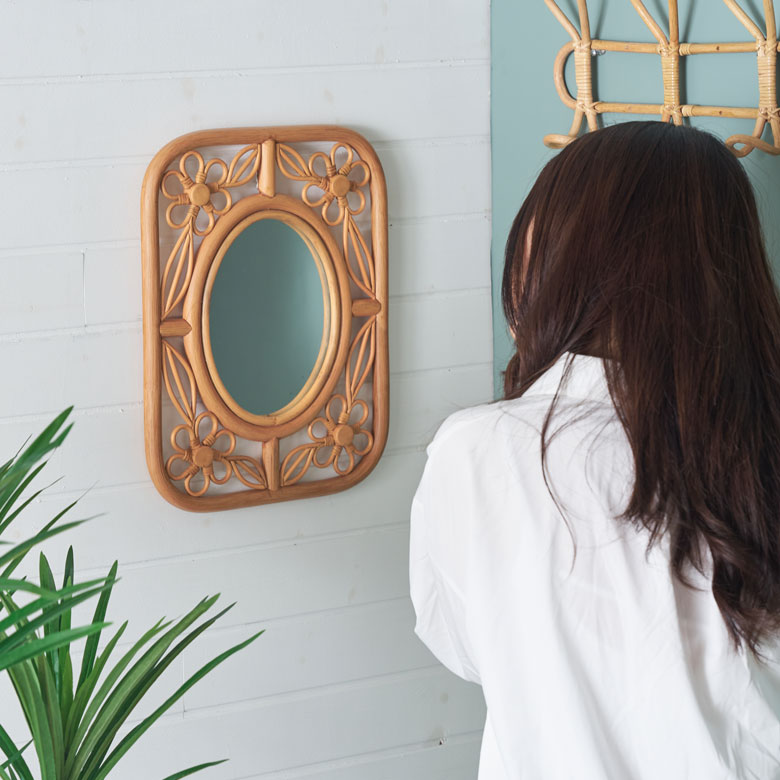 ミラー 鏡 ラタン 籐 取り付け用フック付き 約 W 32.5cm D 2cm H 42cm