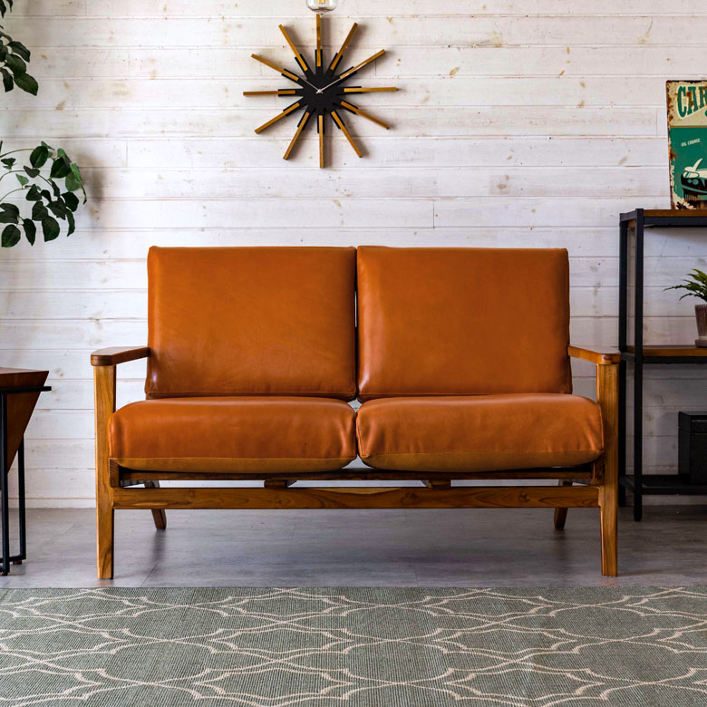 ソファ 2人掛け 本革 木 幅 125cm キャメル ブラウン [91479]【 レザー