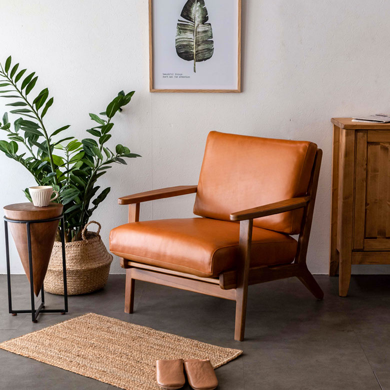 ソファ 1人掛け 本革 木 幅 69cm キャメル ブラウン [91480]【 レザー