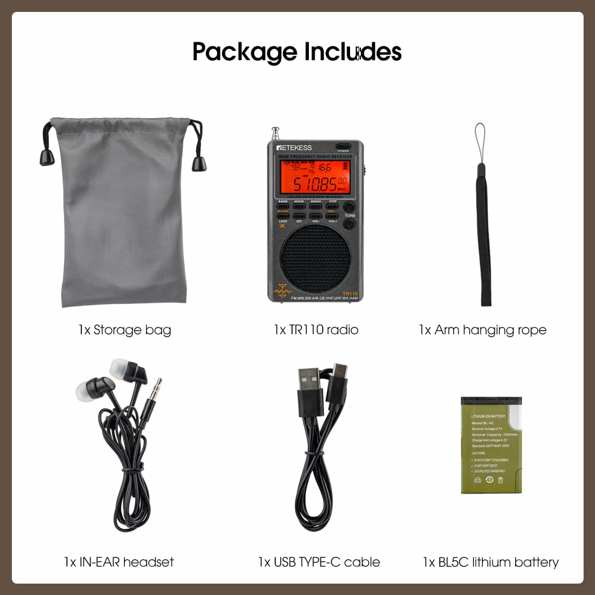 Retekess TR110 FM/MW/SW/LSB/AIR/CB/VHF/UHF Portable Full Band