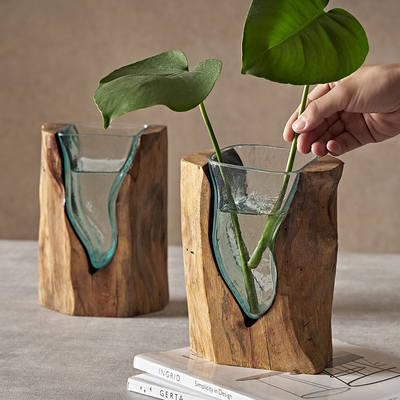 フラワーベース 木製 スワール ウッド ガラス 花瓶 花びん 水入れ可 約