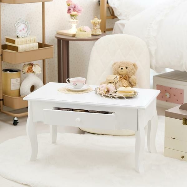 折りたたみローテーブル ホワイト 猫脚 姫系 引き出し付き夢かわ女子