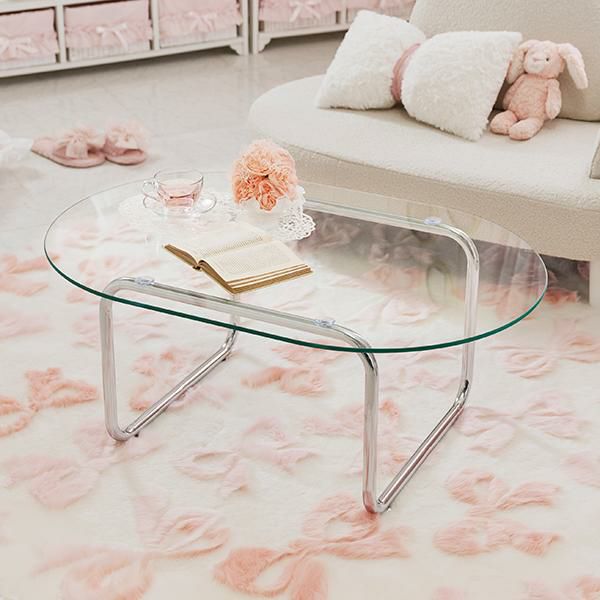 美品 レトロポップ ガラステーブル ピンク センターテーブル ロー