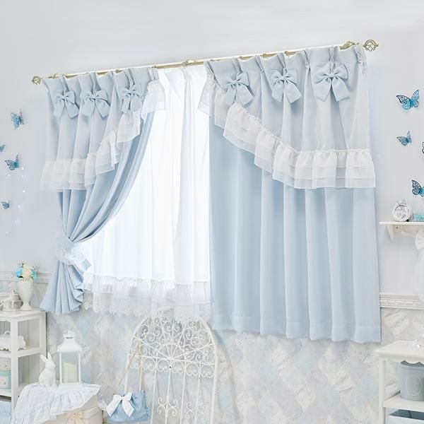 ティアラリボン2WAY遮光カーテン(100×135)/ブルー｜かわいいお姫様