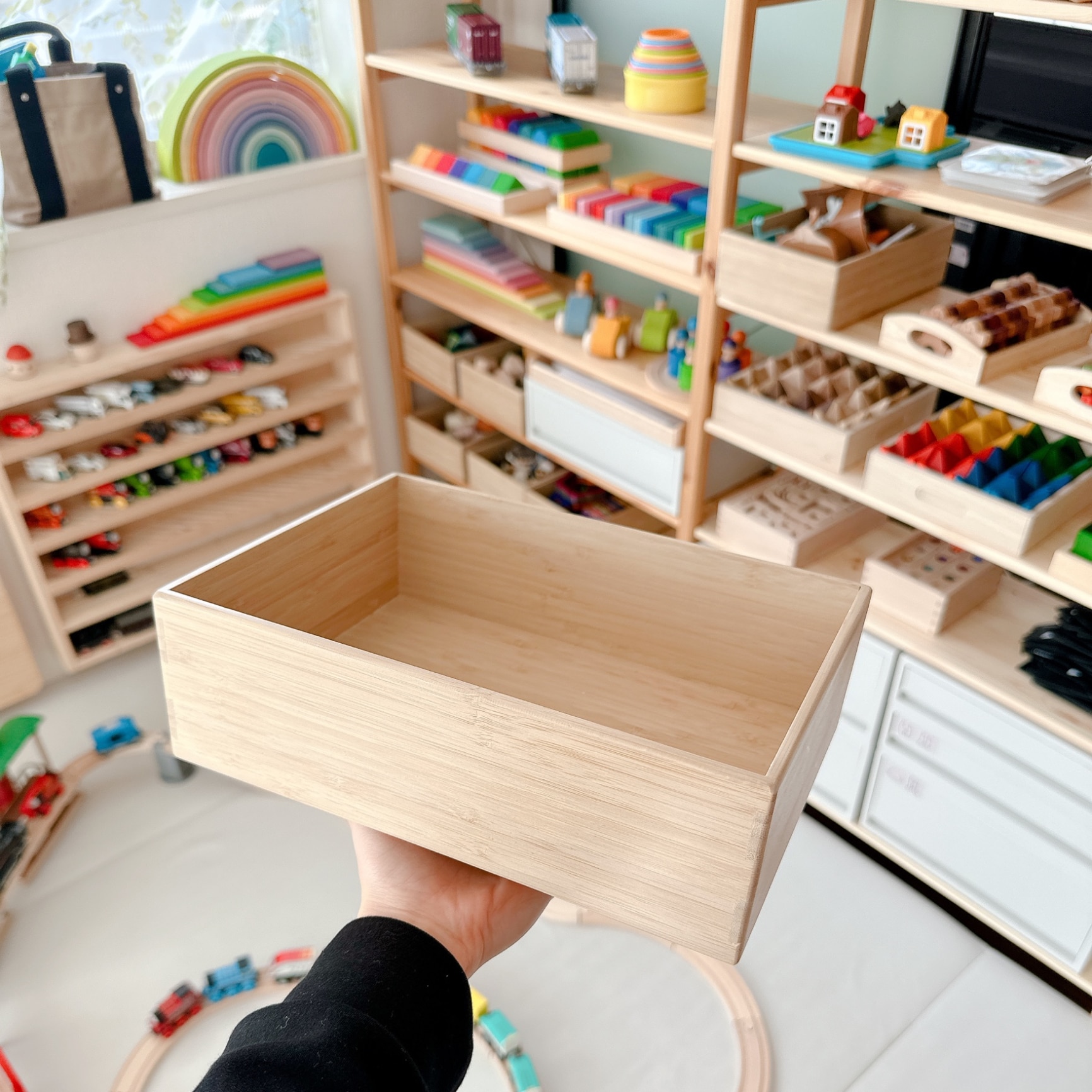 重なる竹材長方形ボックス ハーフ 小・約幅26×奥行18．5×高さ8．5cm