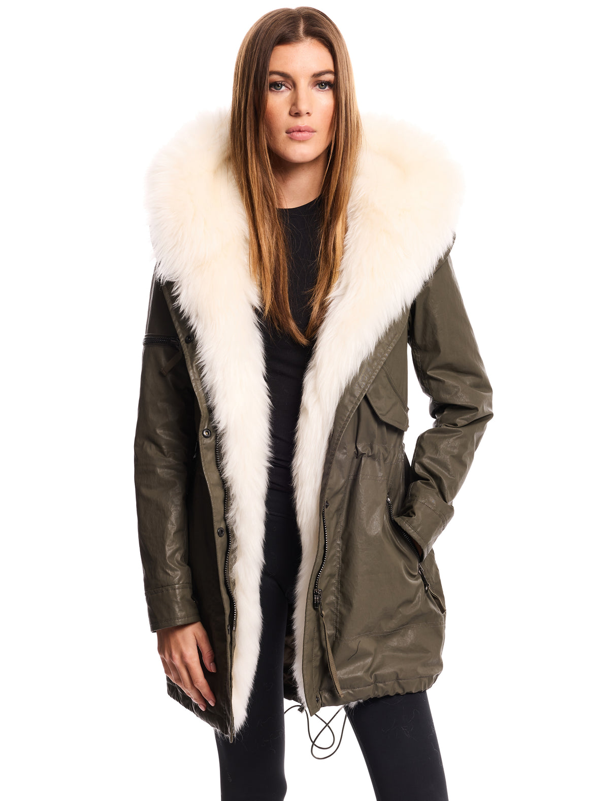 SAM New York Womens HIGHLINE shearling trim parka in army | SAM.