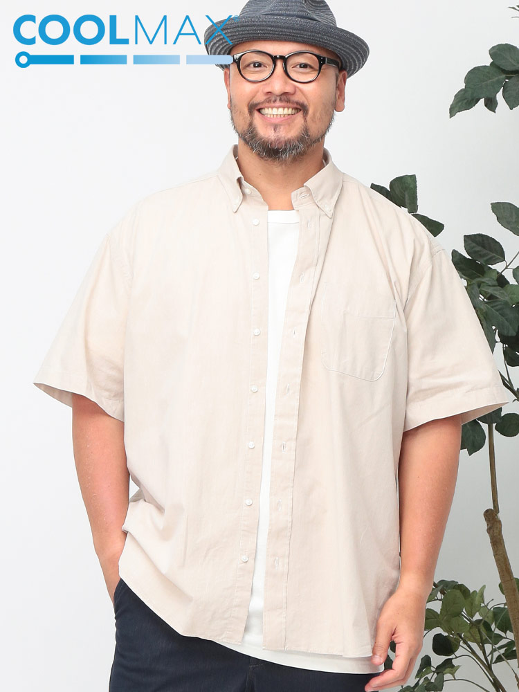 半袖 シャツ COOLMAX 麻混 ボタンダウン トップス ビジネス ポケット