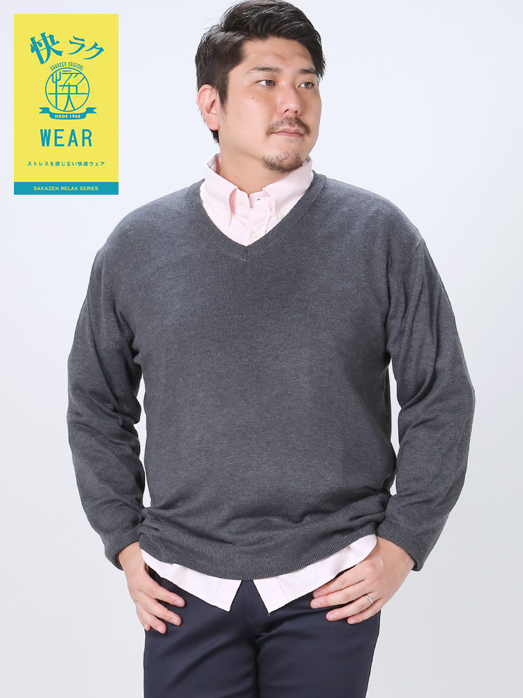 快ラクWEAR ウォッシャブル カシミヤ混 無地 Vネック セーター 快楽