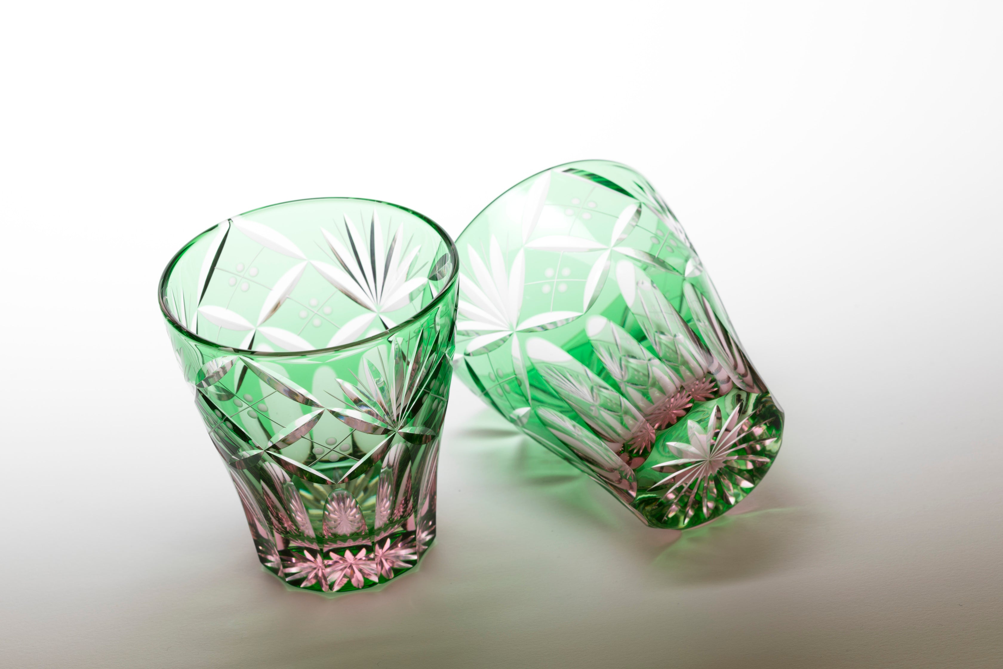 M-8573-2PG 七宝笹の葉文様 ミニオールド ペア 江戸切子 彩鳳 直販限定