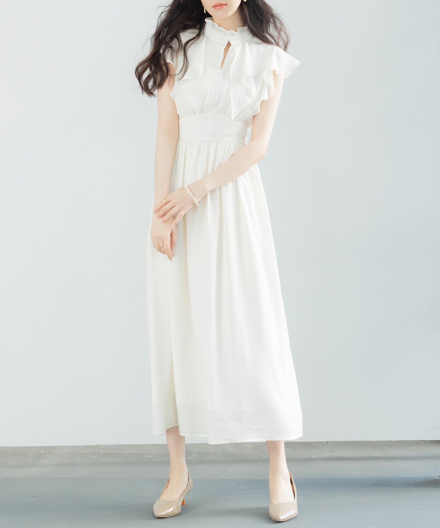 フリルカラーロング丈ジョゼットワンピースsdp0069 アイボリー – [公式