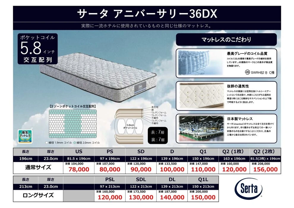 マットレス アニバーサリー36DX サータ | 商品紹介 | 大阪府茨木市の