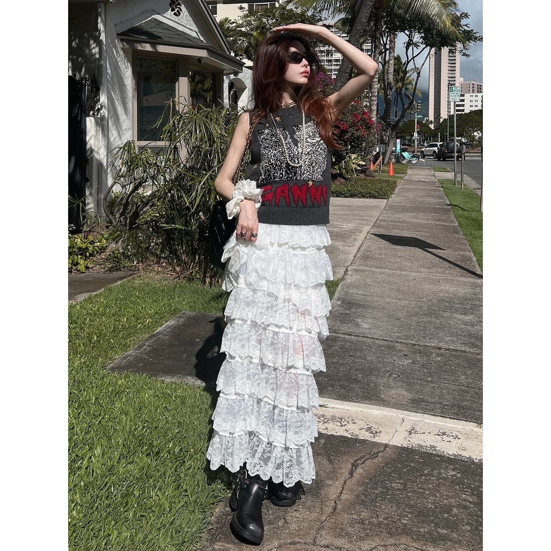 ダーリッチ Darich フラワーレースティアードフリルスカート