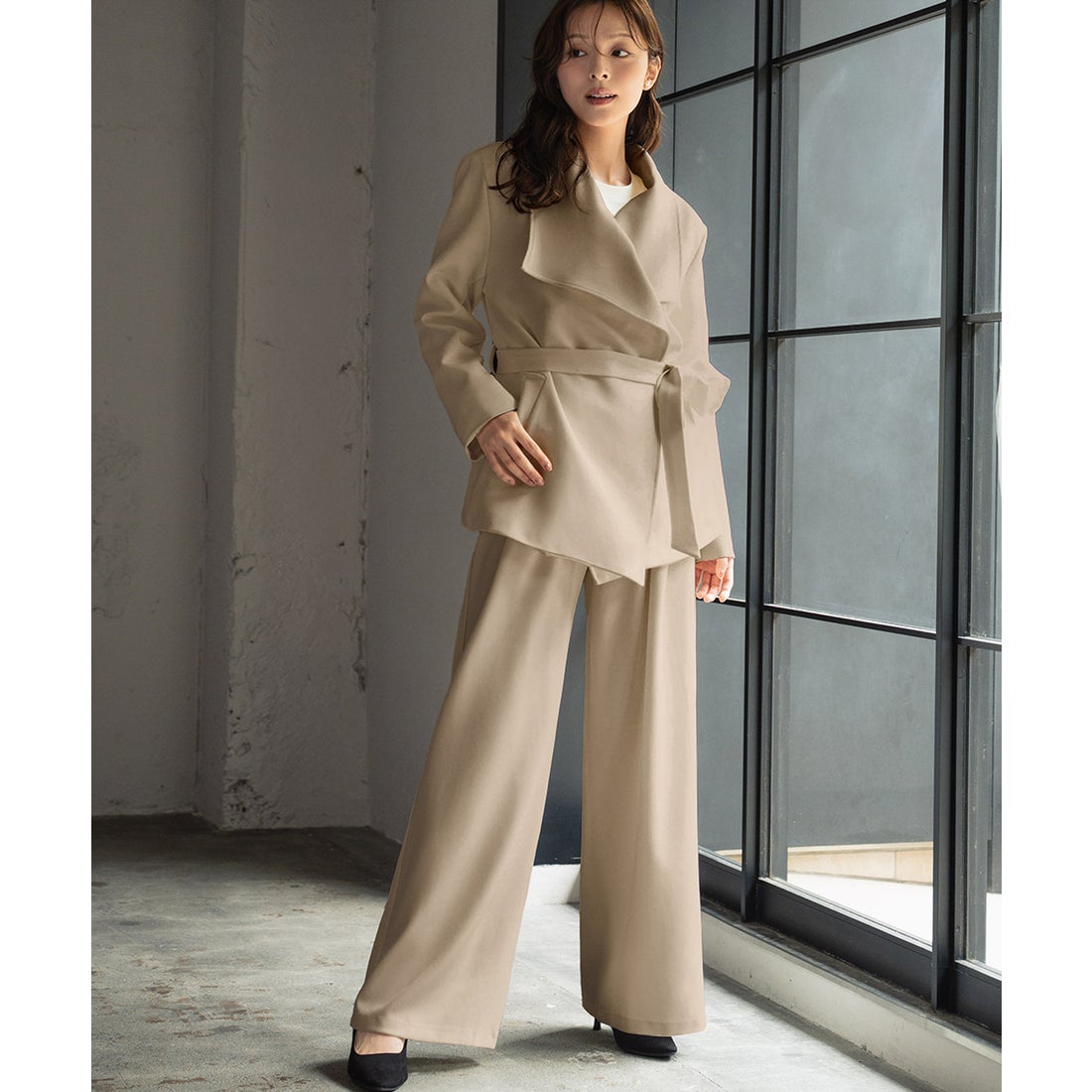 フロリア Flolia ビッグカラー リボンベルト付きジャケット ワイド